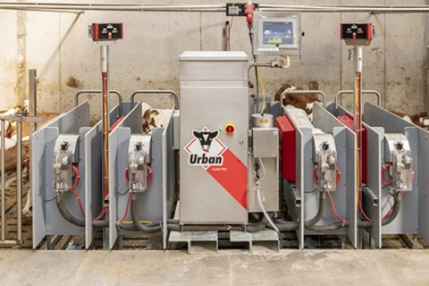 Modern agricultural feeding system, specifically an automated calf feeder, showcasing advancements in farming technology for efficient and controlled feeding of young livestock.