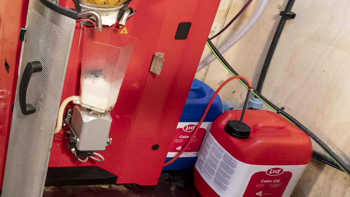 Red CalorMatic 332 boiler with a white expansion vessel next to it, connected by various pipes. There is a white substance leaking from the lower part of the boiler, indicating a possible malfunction or maintenance issue.